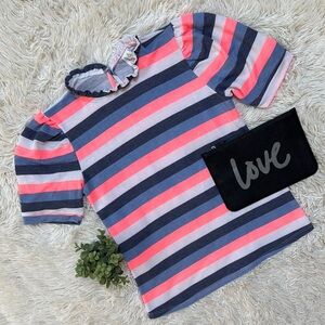 West Moon Ruffle Neck Striped Short Sleeve Top 💗 Navy Pink & White
